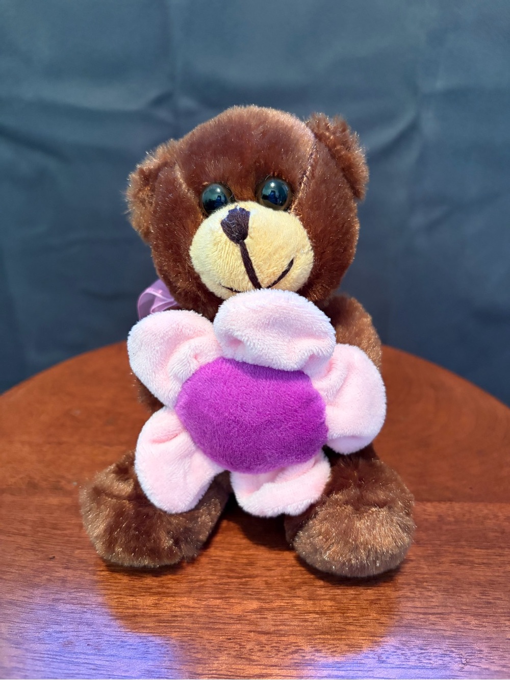 Plush Brown Teddy Bear with Pink & Purple Flower